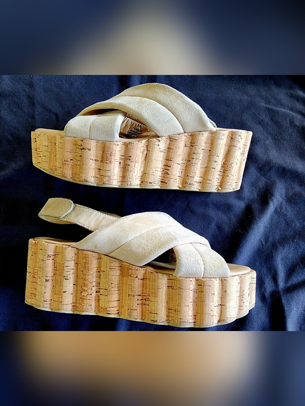 FREE PEOPLE | Beige Suede Crisscross Cork Platform Sandals | Size US Womens 8.5 - Picture 3 of 9